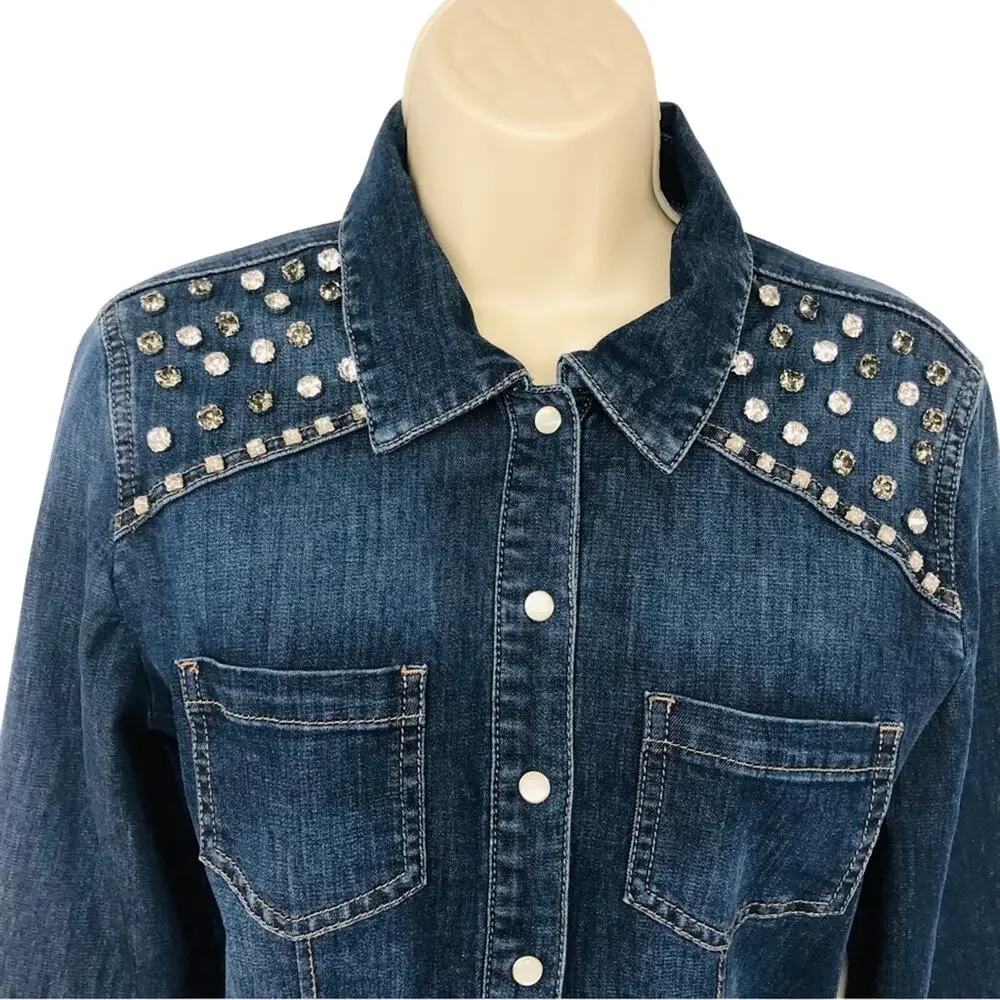 Chicos Size 0 Denim Snap Front Tunic Top Long Sleeve Western Style Bling Yoke